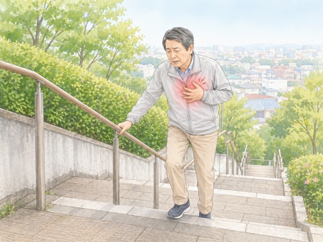 階段昇降時に胸部症状が現れるイメージ