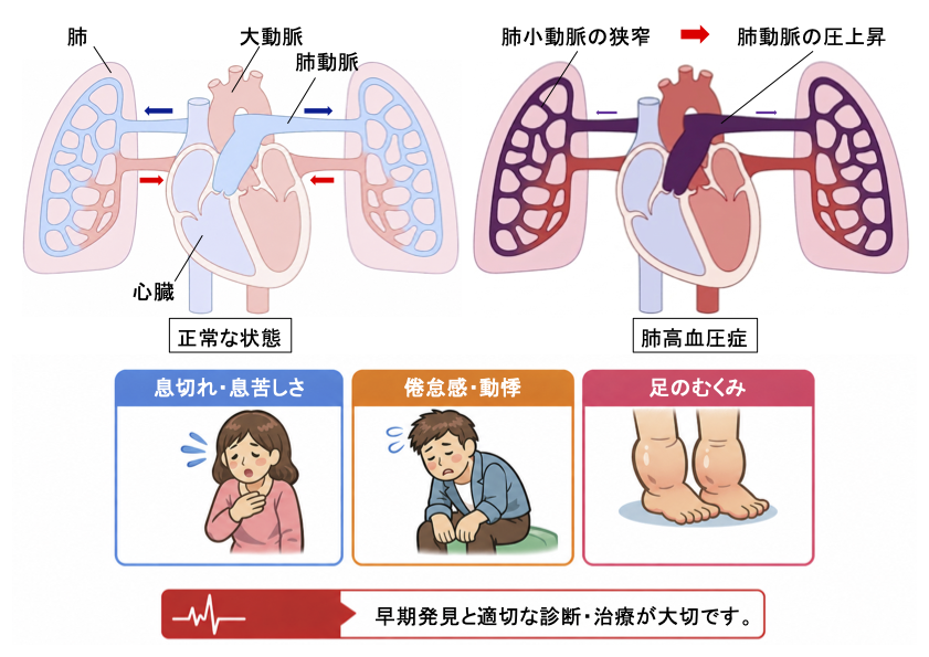 肺高血圧症の仕組みと主な症状を示す図